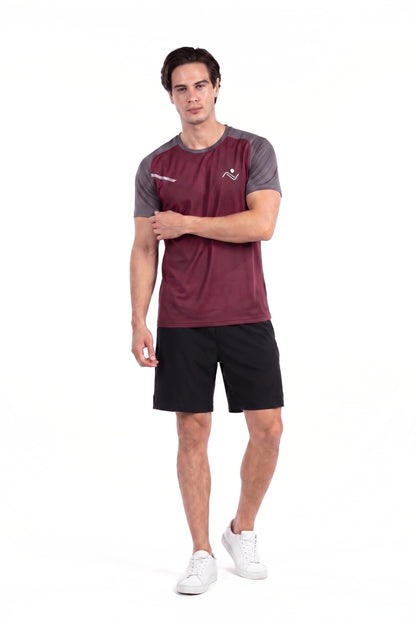 Men's Workout T-Shirt in Wine, front view on model, Ascendia