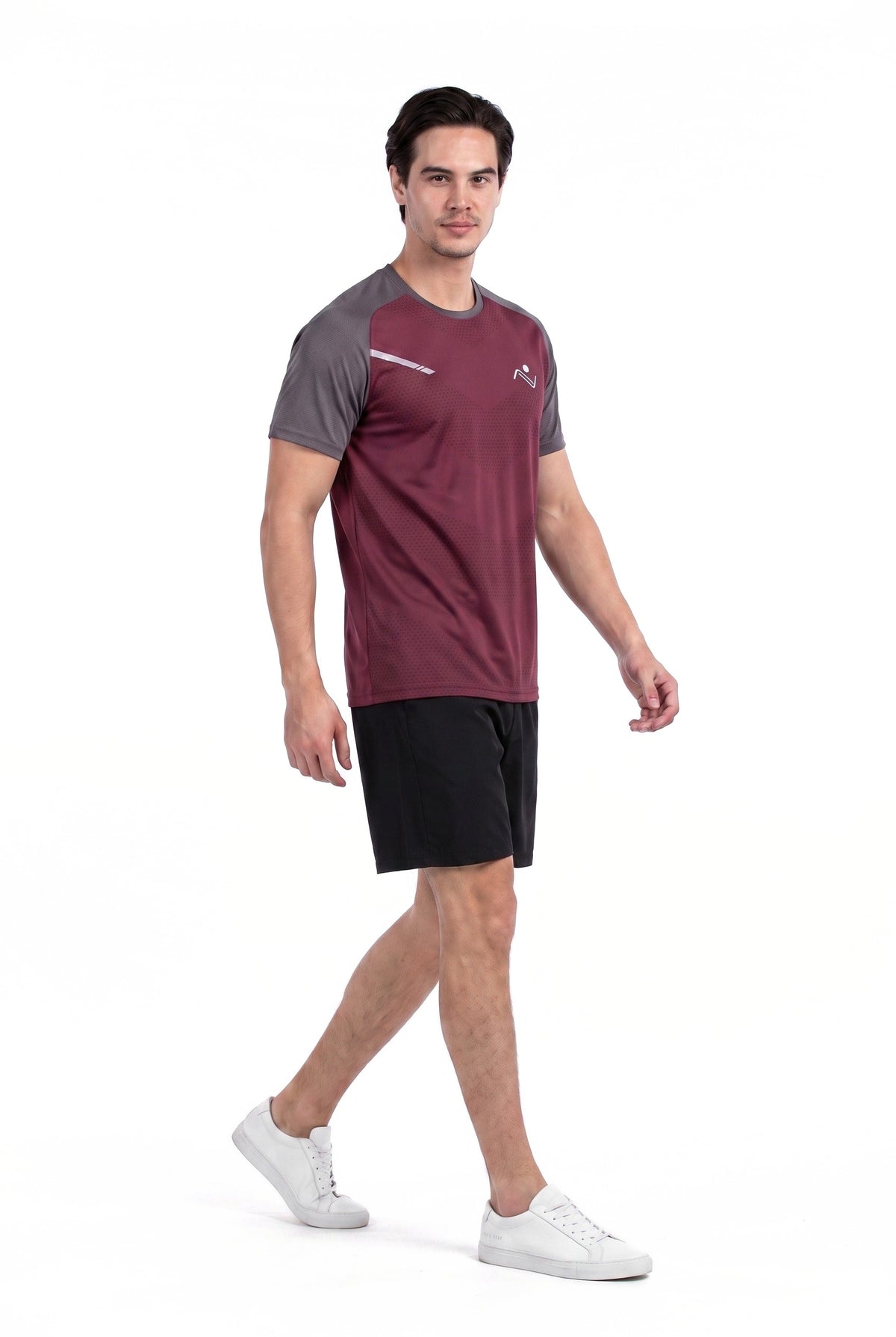 Men's Workout T-Shirt in Wine, three-quarter view on model, Ascendia
