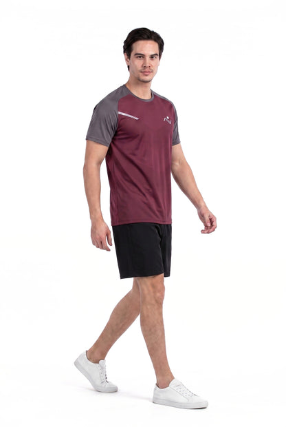 Men's Workout T-Shirt in Wine, three-quarter view on model, Ascendia