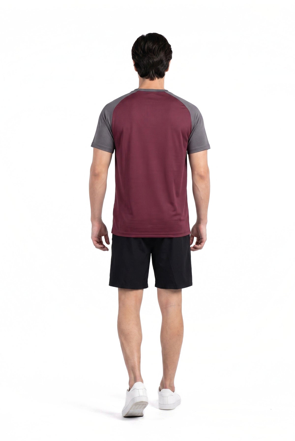 Men's Workout T-Shirt in Wine, back view on model, Ascendia