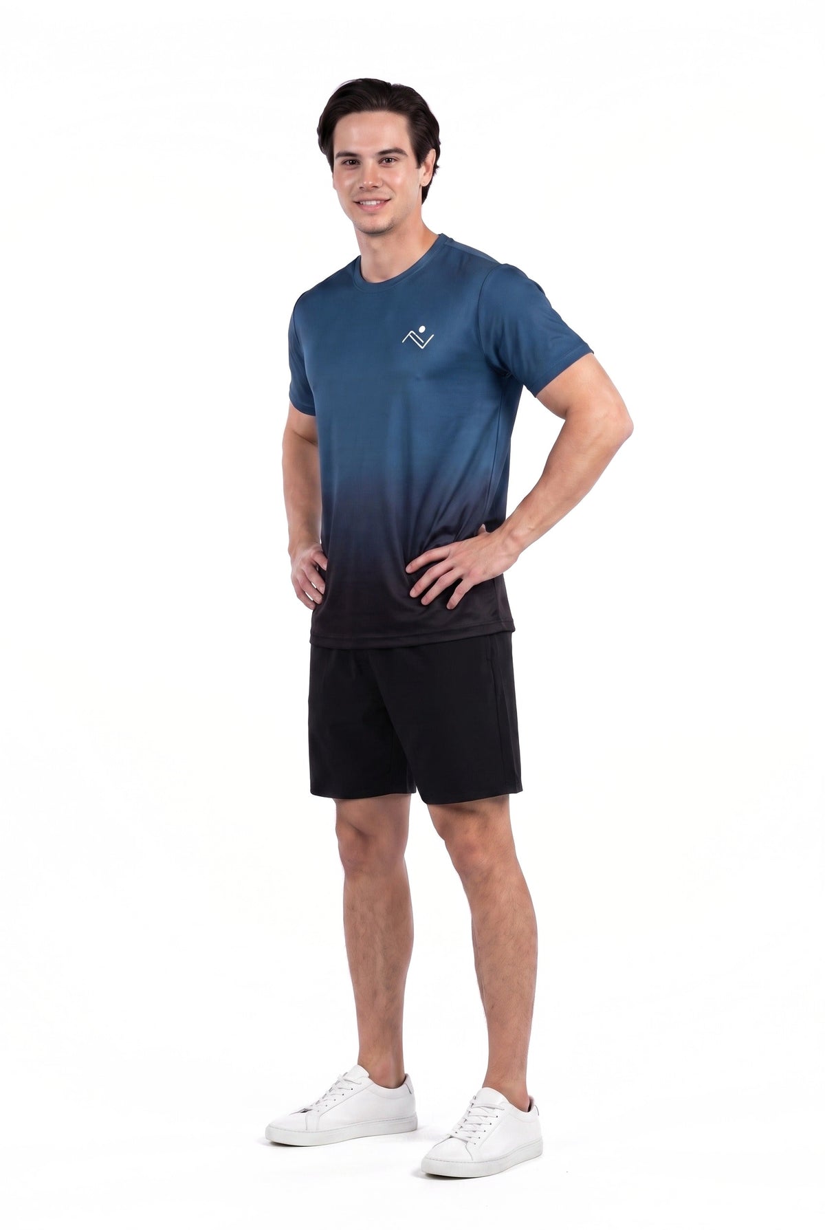 Men's Gradient Training Tee in Steel Blue, three-quarter view on male model, Ascendia