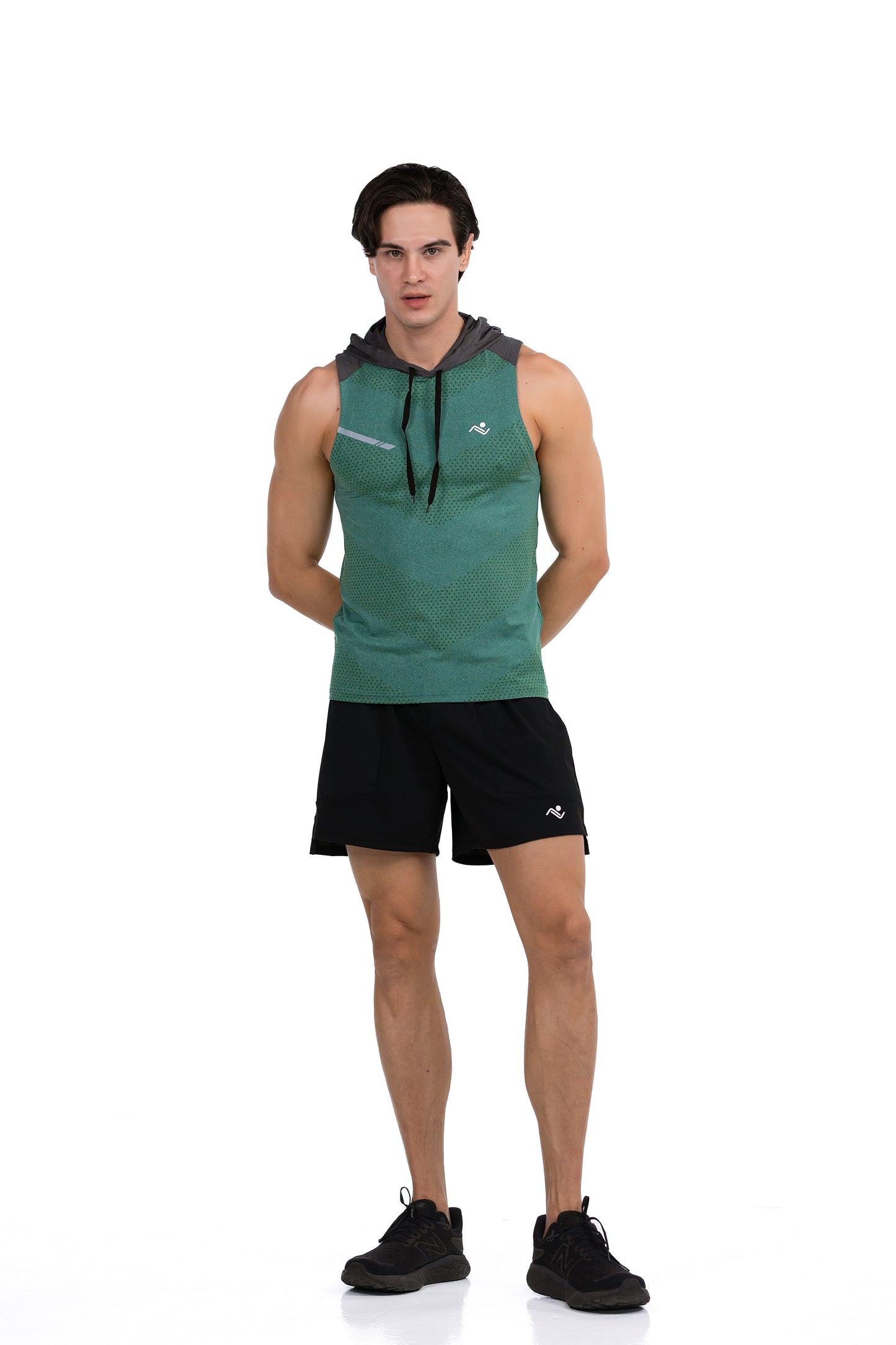 Sleeveless Workout Hoodie in Jade, full-length front view with the hood down, worn with black shorts, Ascendia