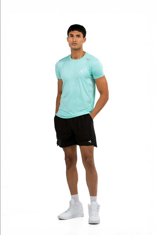 Lightweight Performance T-Shirt in aqua, full length front view, Ascendia