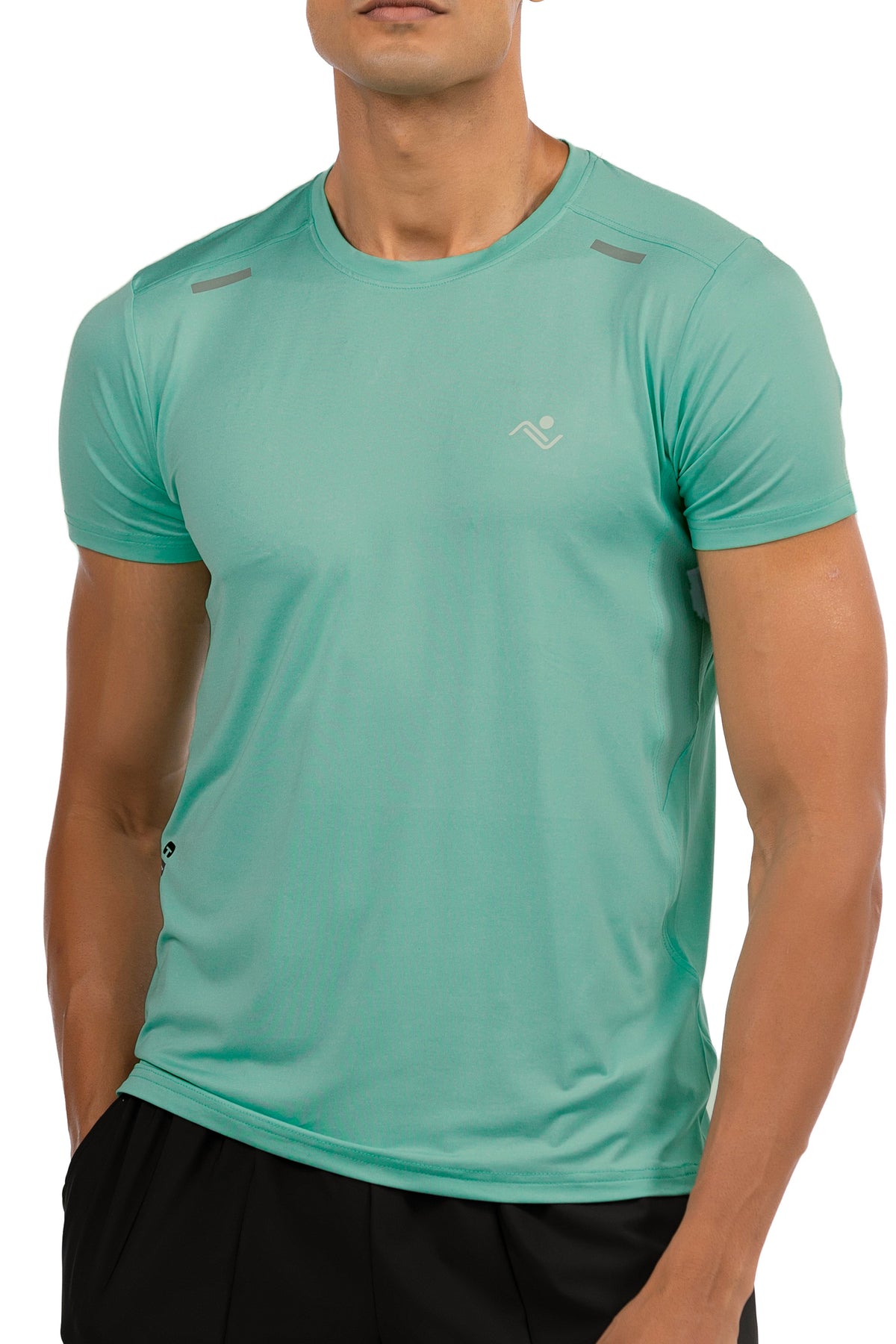 Lightweight Performance T-Shirt in aqua, front view showing the chest logo, Ascendia