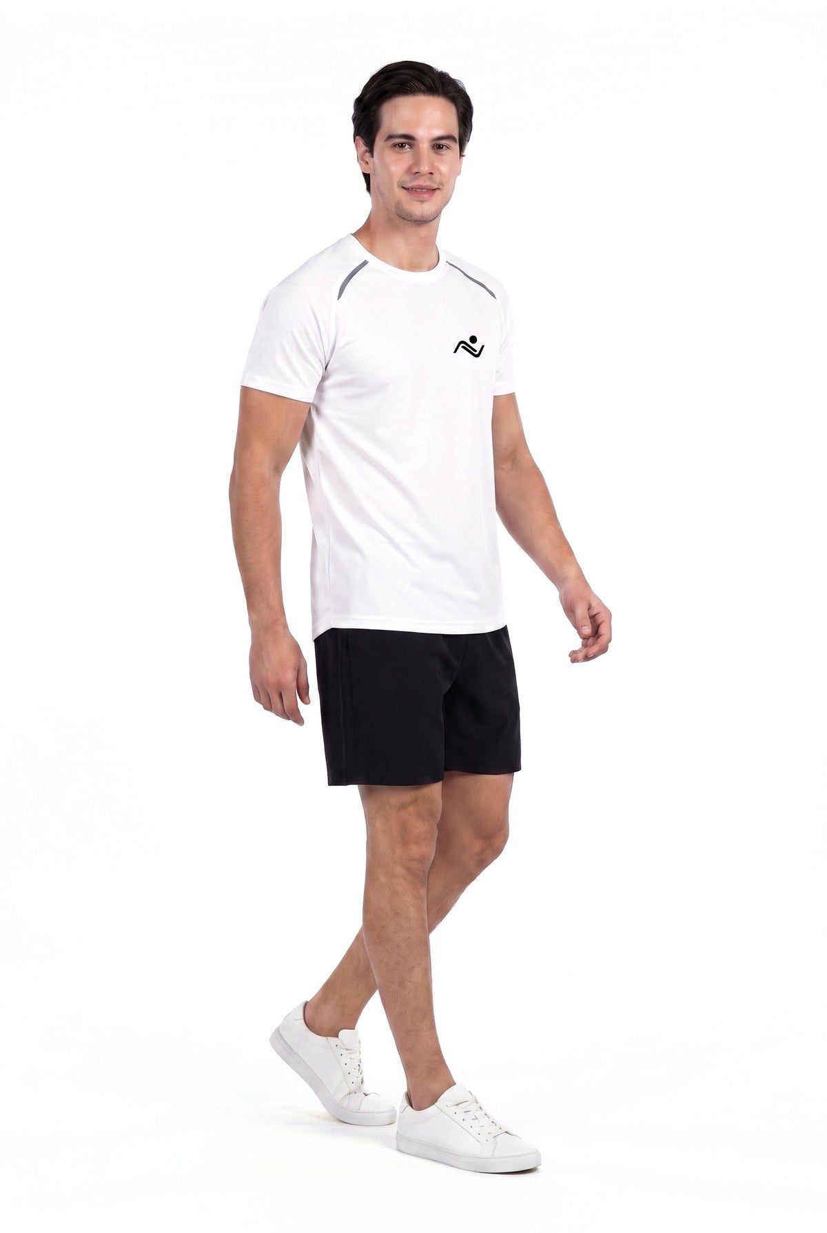 Men's Reflective Training T-Shirt in White, three-quarter view on male model, Ascendia