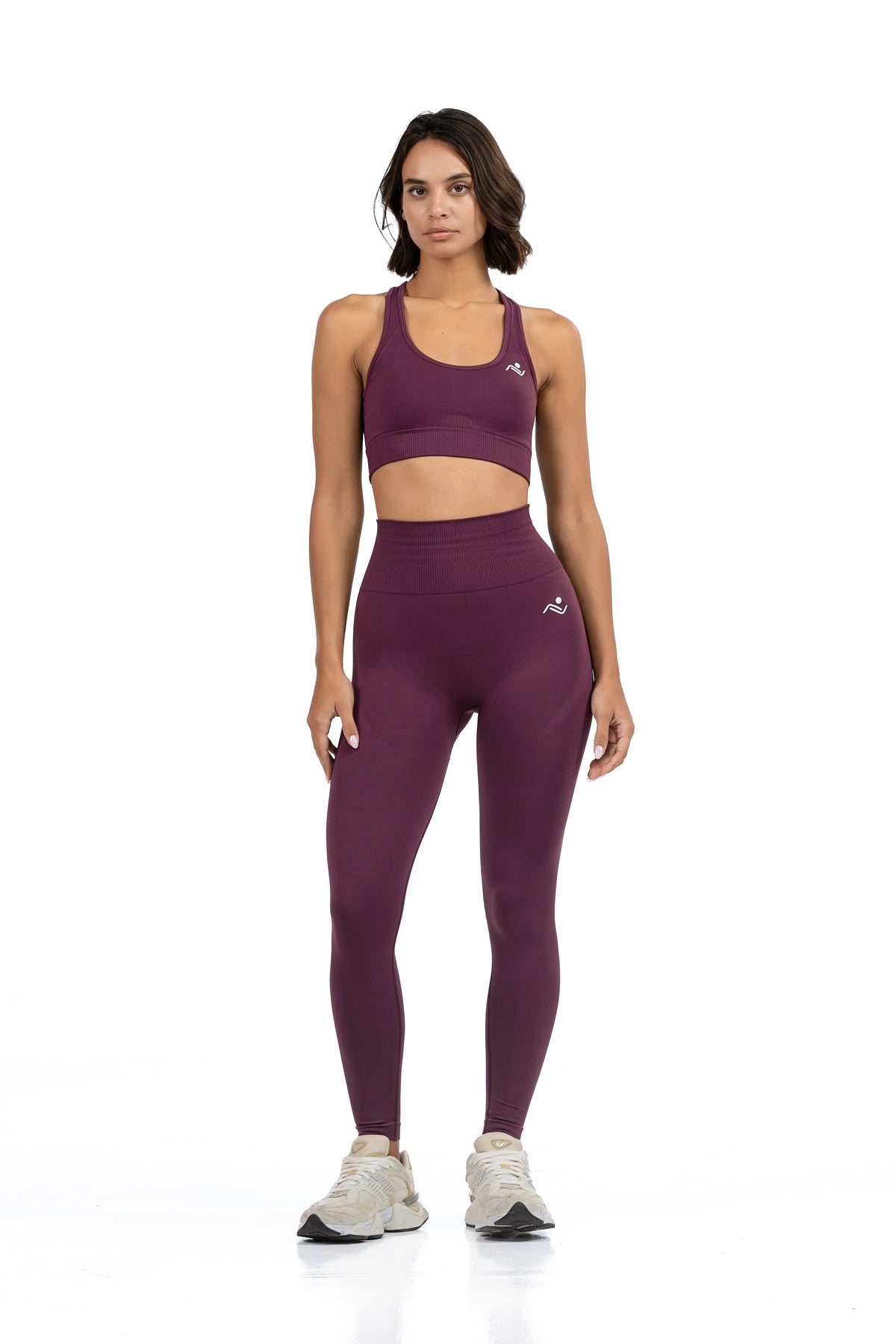 Yoga Flex Sports Bra Set in Plum, full-length front view, Ascendia