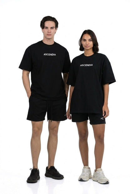 Workout Tee & Short Set in Black, male and female models standing side by side, Ascendia