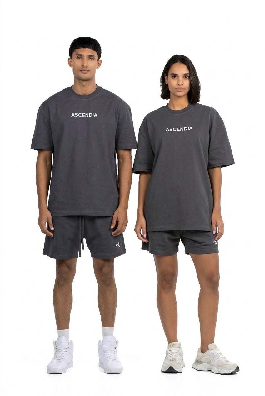 Workout Tee & Short Set in Charcoal, male and female models standing side by side, Ascendia
