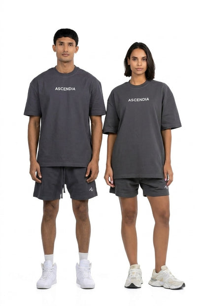 Workout Tee & Short Set in Charcoal, male and female models standing side by side, Ascendia