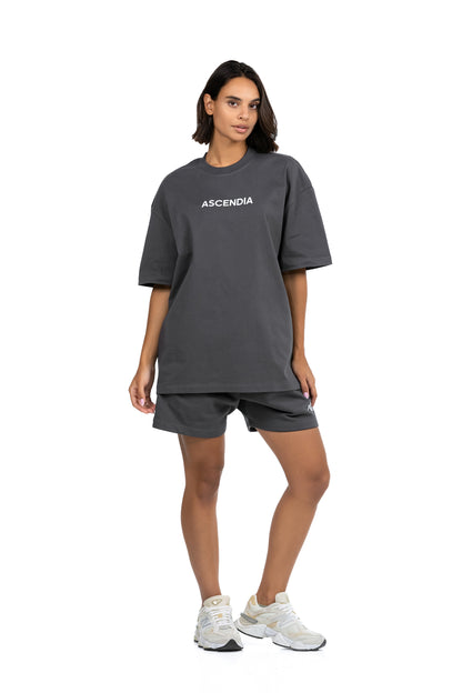 Workout Tee & Short Set in Charcoal, front view on female model, Ascendia