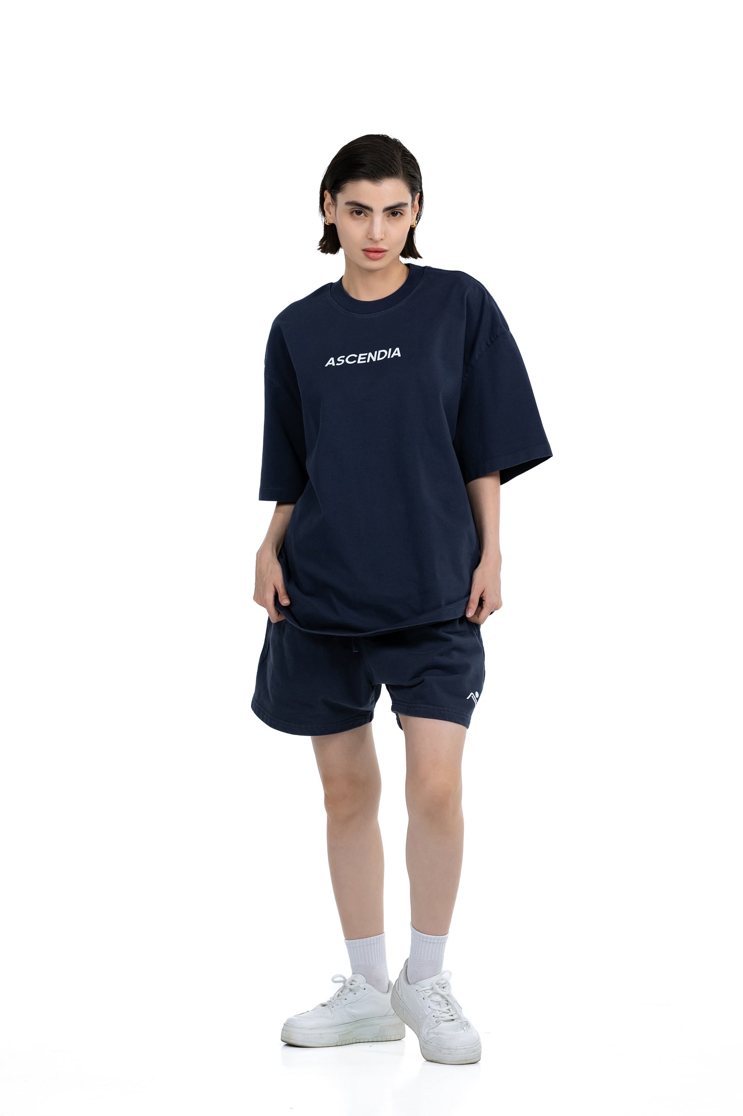 Workout Tee & Short Set in Navy, front view on female model, Ascendia