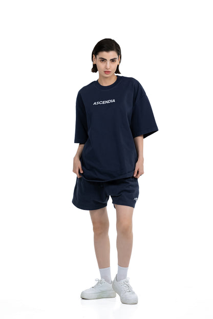 Workout Tee & Short Set in Navy, front view on female model, Ascendia