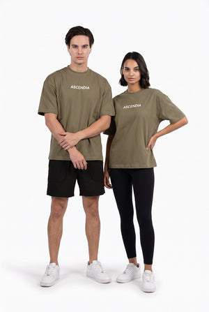 Comfort Oversized T-Shirt in Khaki, male and female models standing side by side, Ascendia