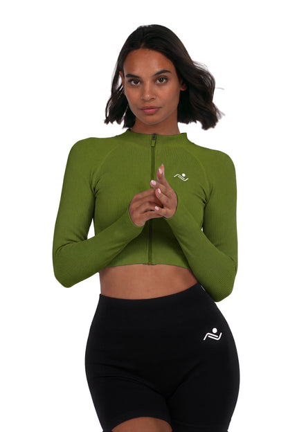 Seamless V-Cut Training Top in Army Green, front view on model, Ascendia