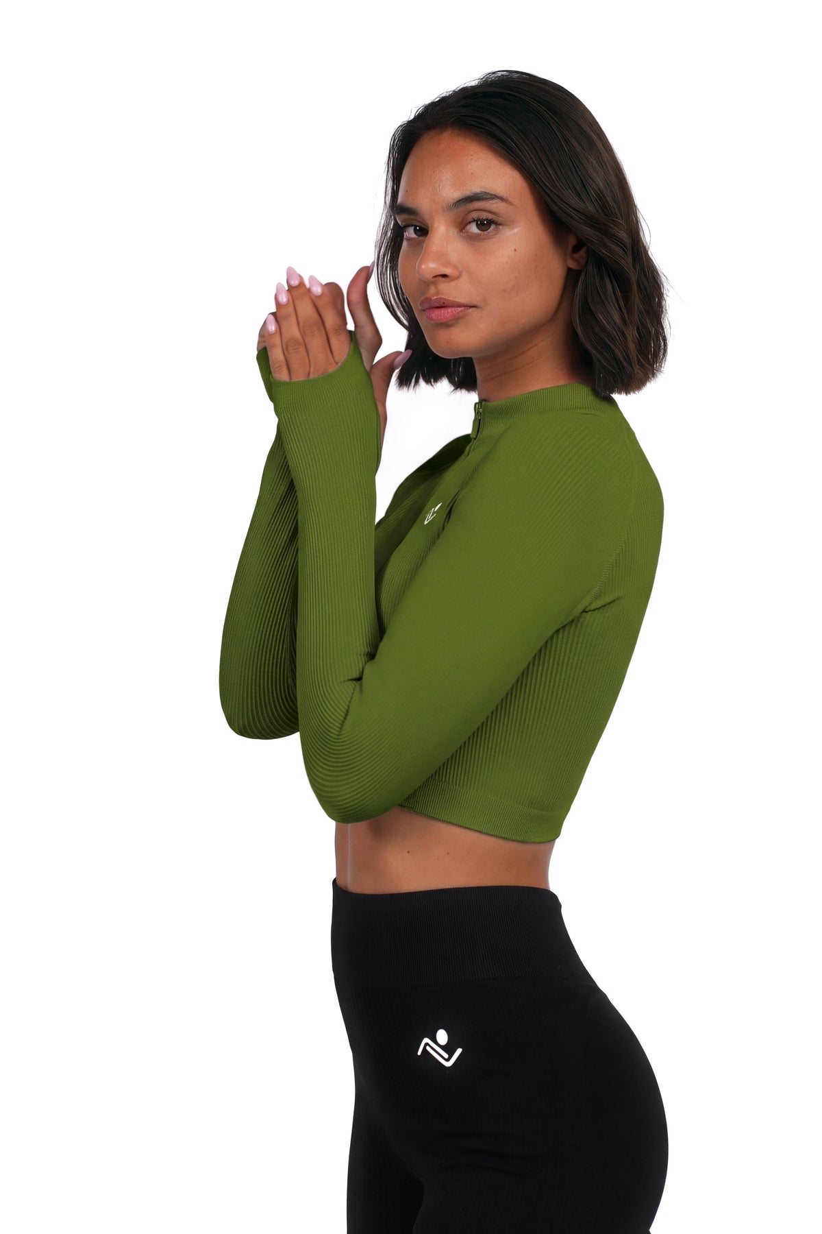 Seamless V-Cut Training Top in Army Green, side view on model, Ascendia