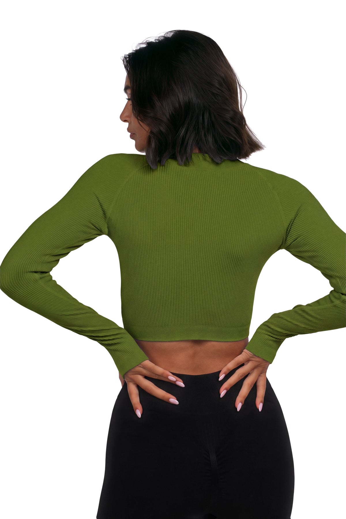 Seamless V-Cut Training Top in Army Green, back view on model, Ascendia