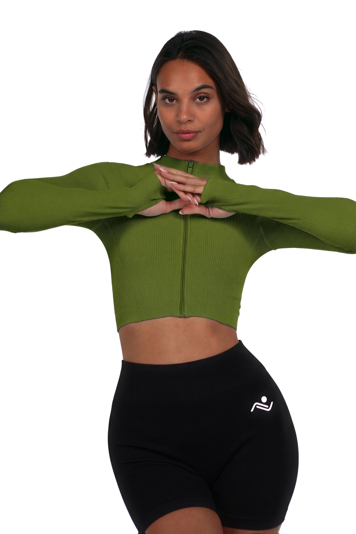 Seamless V-Cut Training Top in Army Green, sleeve and thumbhole detail on model, Ascendia