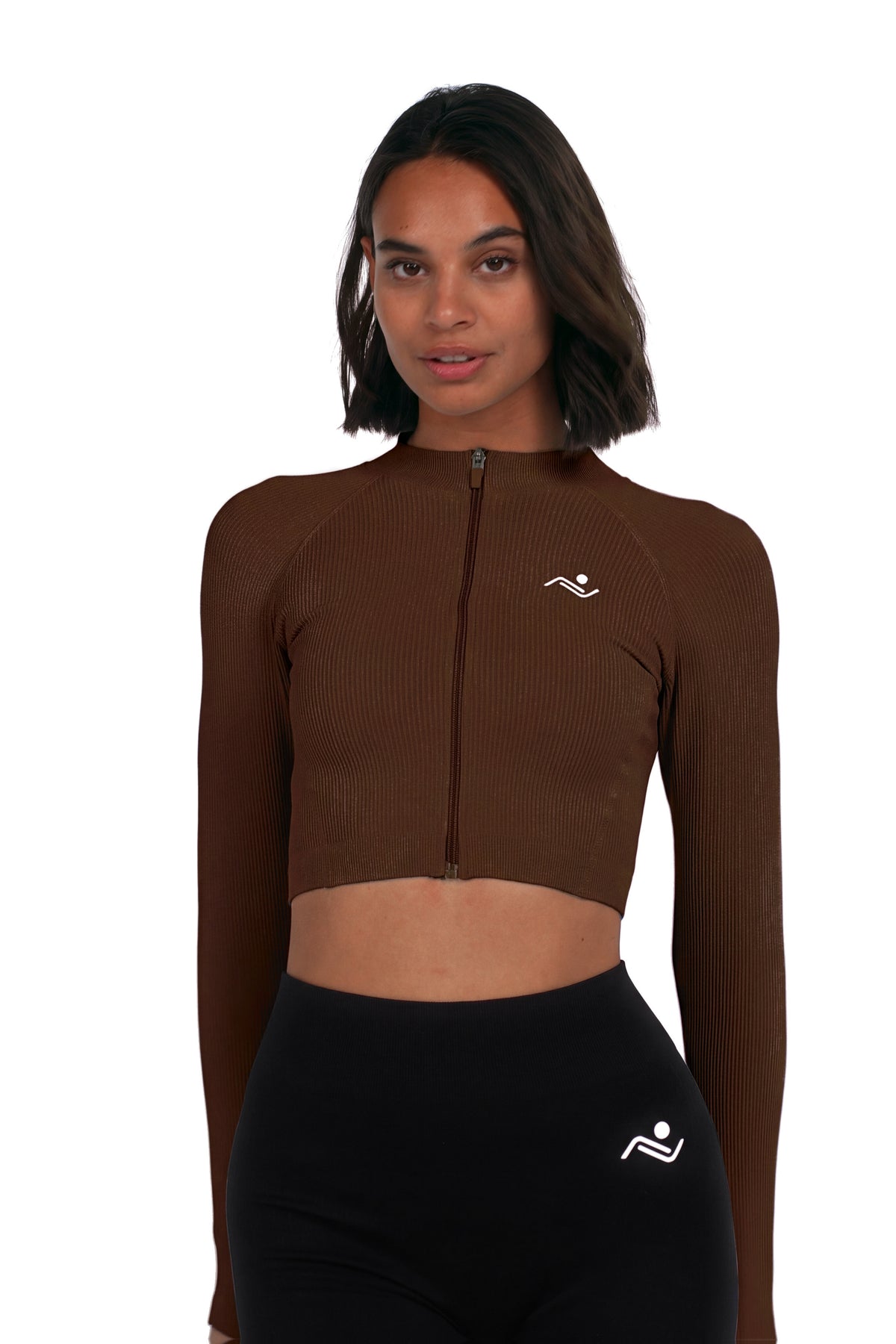 Seamless V-Cut Training Top in Chocolate, front view on model, Ascendia
