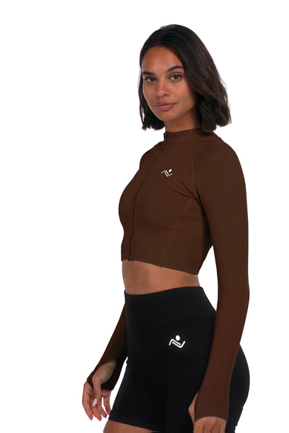 Seamless V-Cut Training Top in Chocolate, side view on model, Ascendia