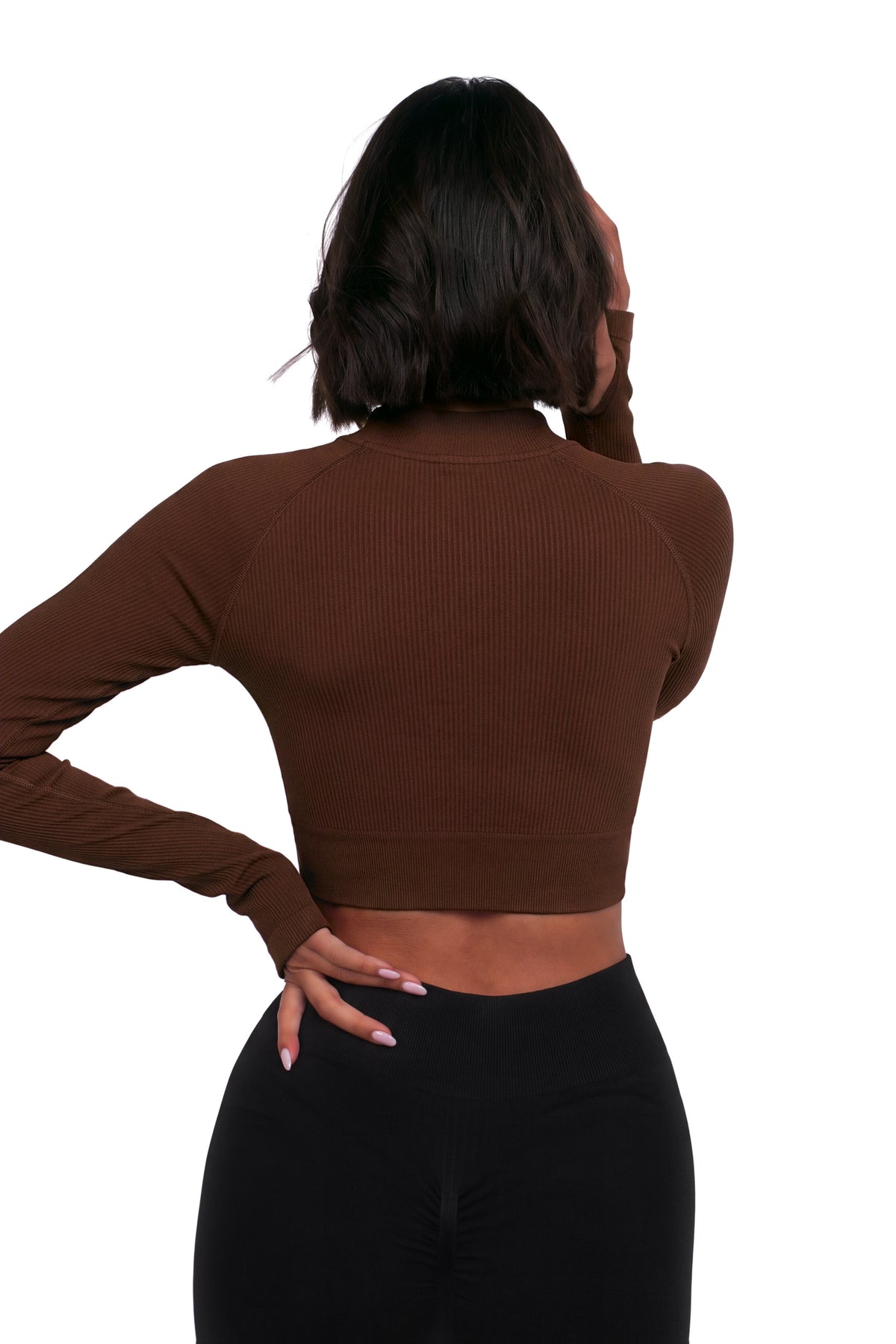 Seamless V-Cut Training Top in Chocolate, back view on model, Ascendia