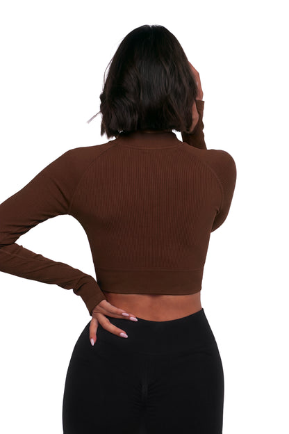 Seamless V-Cut Training Top in Chocolate, back view on model, Ascendia