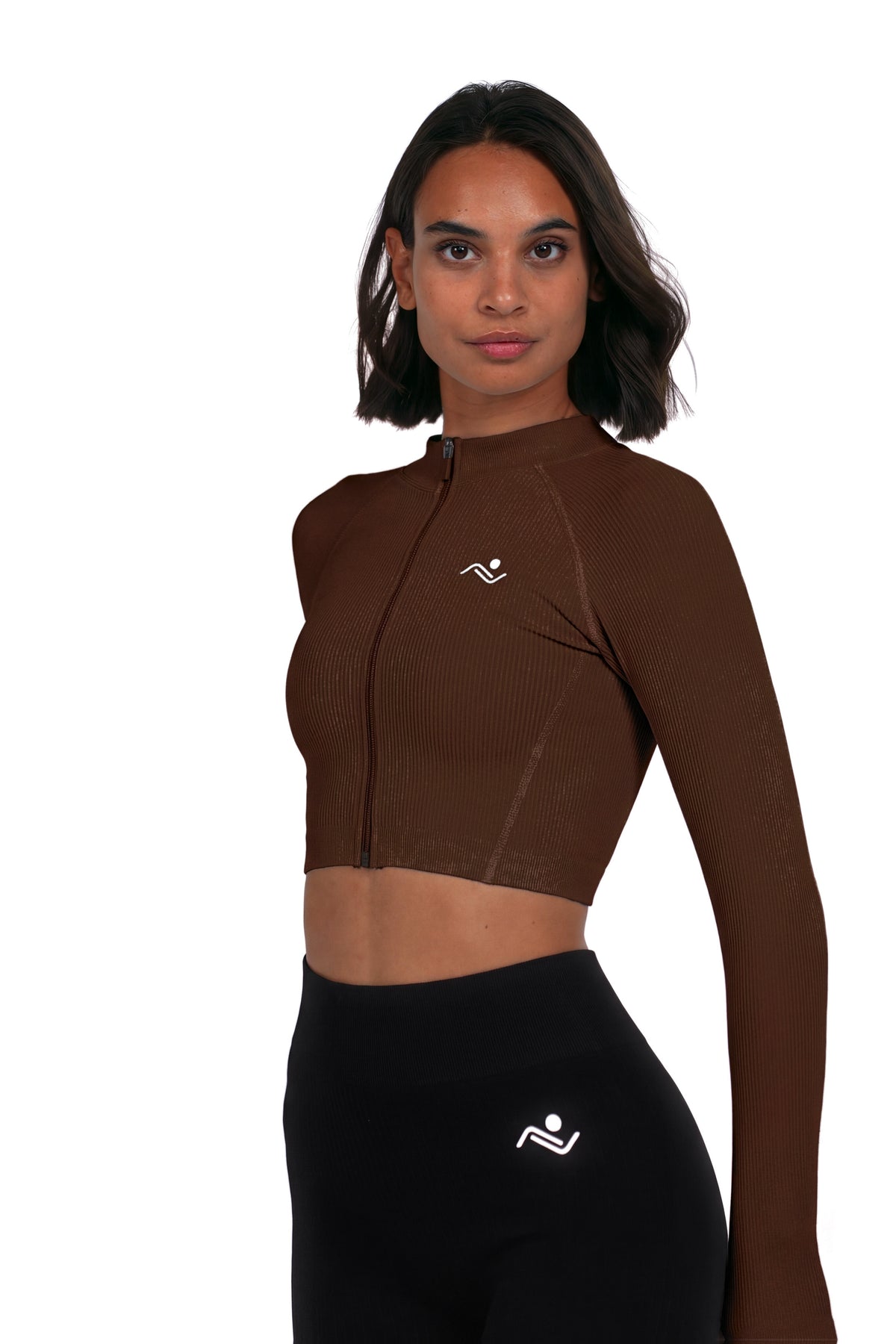 Seamless V-Cut Training Top in Chocolate, three-quarter view on model, Ascendia