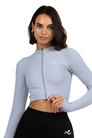 Seamless V-Cut Training Top in Ice Blue, front view on model, Ascendia