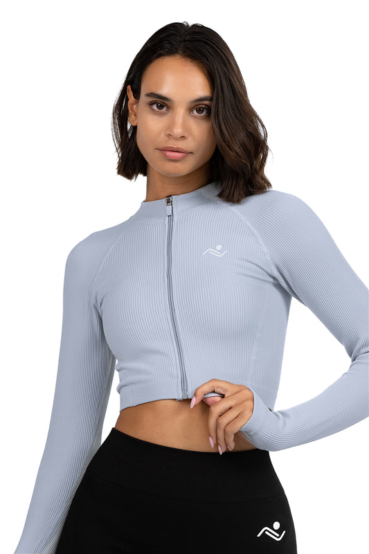 Seamless V-Cut Training Top in Ice Blue, front view on model, Ascendia