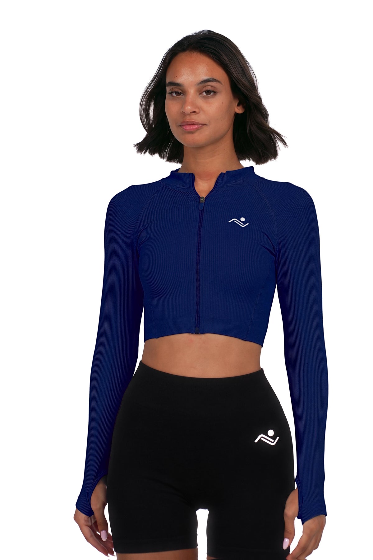 Seamless V-Cut Training Top in Ink Blue, front view on model, Ascendia
