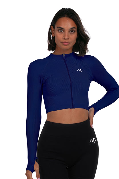 Seamless V-Cut Training Top in Ink Blue, three-quarter view on model, Ascendia