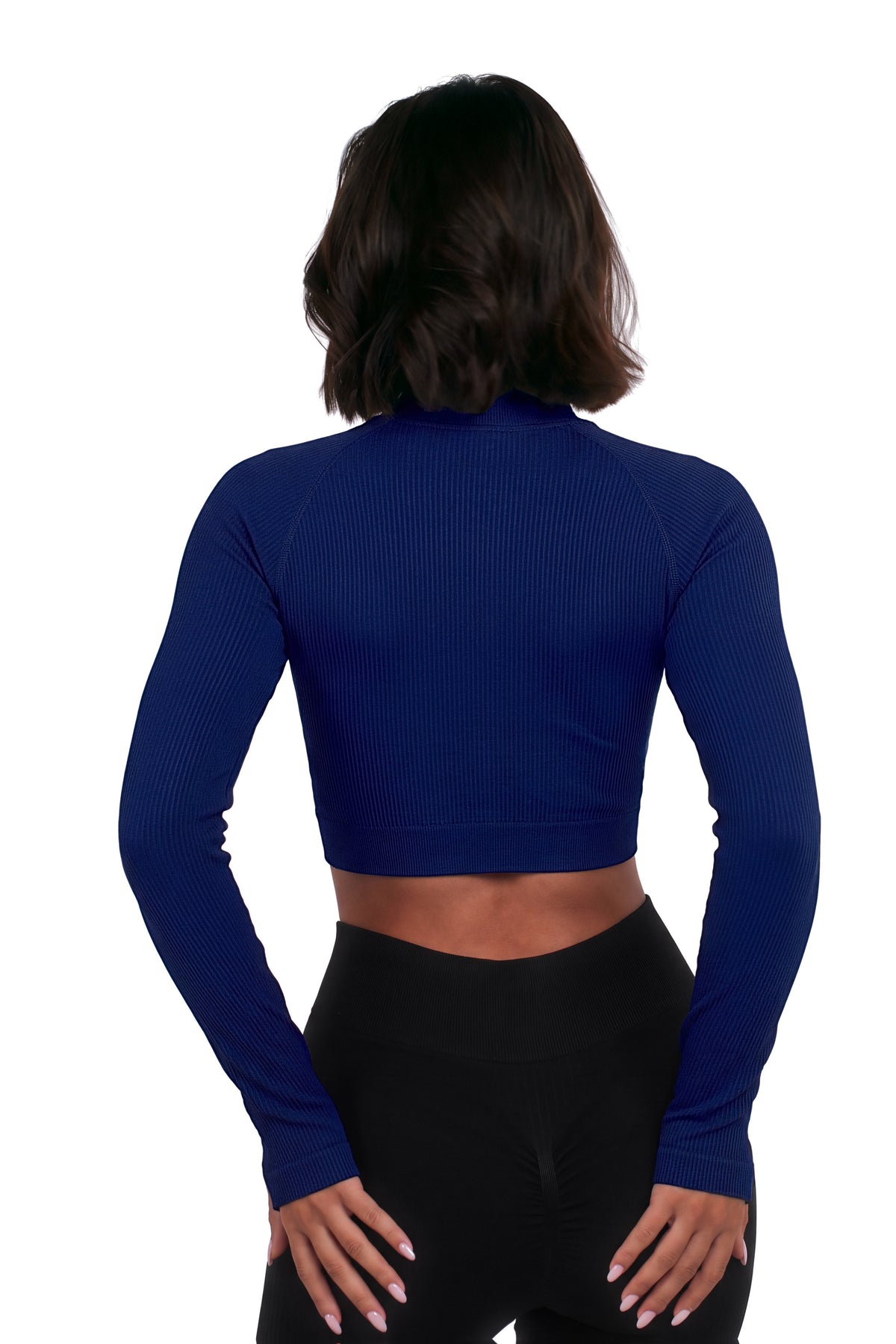 Seamless V-Cut Training Top in Ink Blue, back view on model, Ascendia