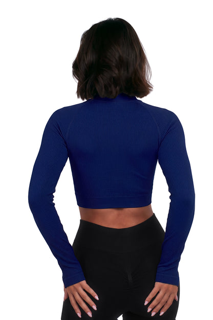 Seamless V-Cut Training Top in Ink Blue, back view on model, Ascendia
