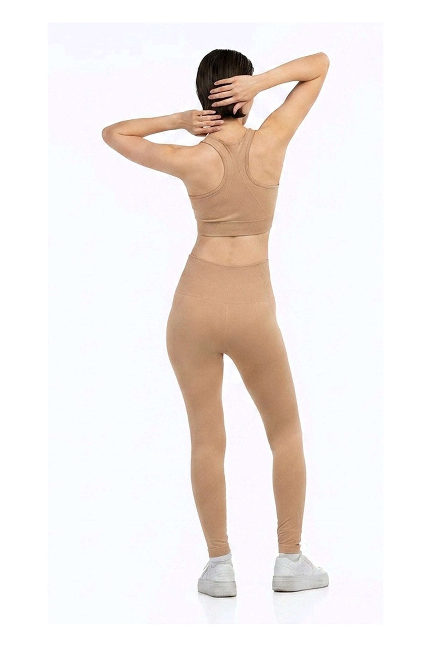 Yoga Flex Sports Bra Set in Beige, full-length back view showing the racerback, Ascendia