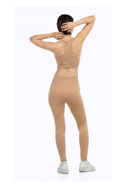 Yoga Flex Sports Bra Set in Beige, full-length back view showing the racerback, Ascendia