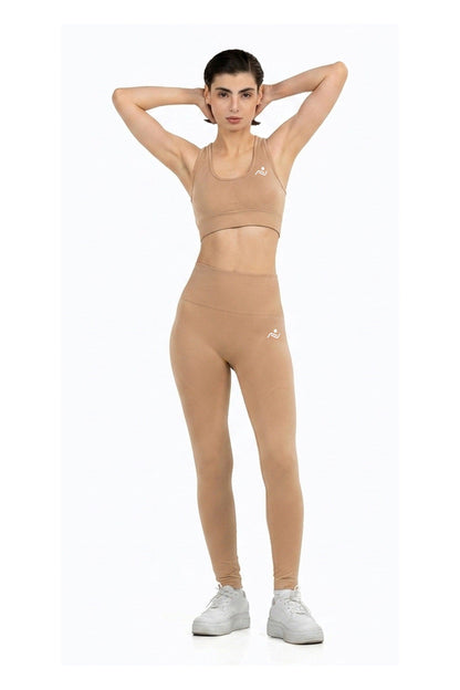 Yoga Flex Sports Bra Set in Beige, full-length front view with arms raised behind the head, Ascendia