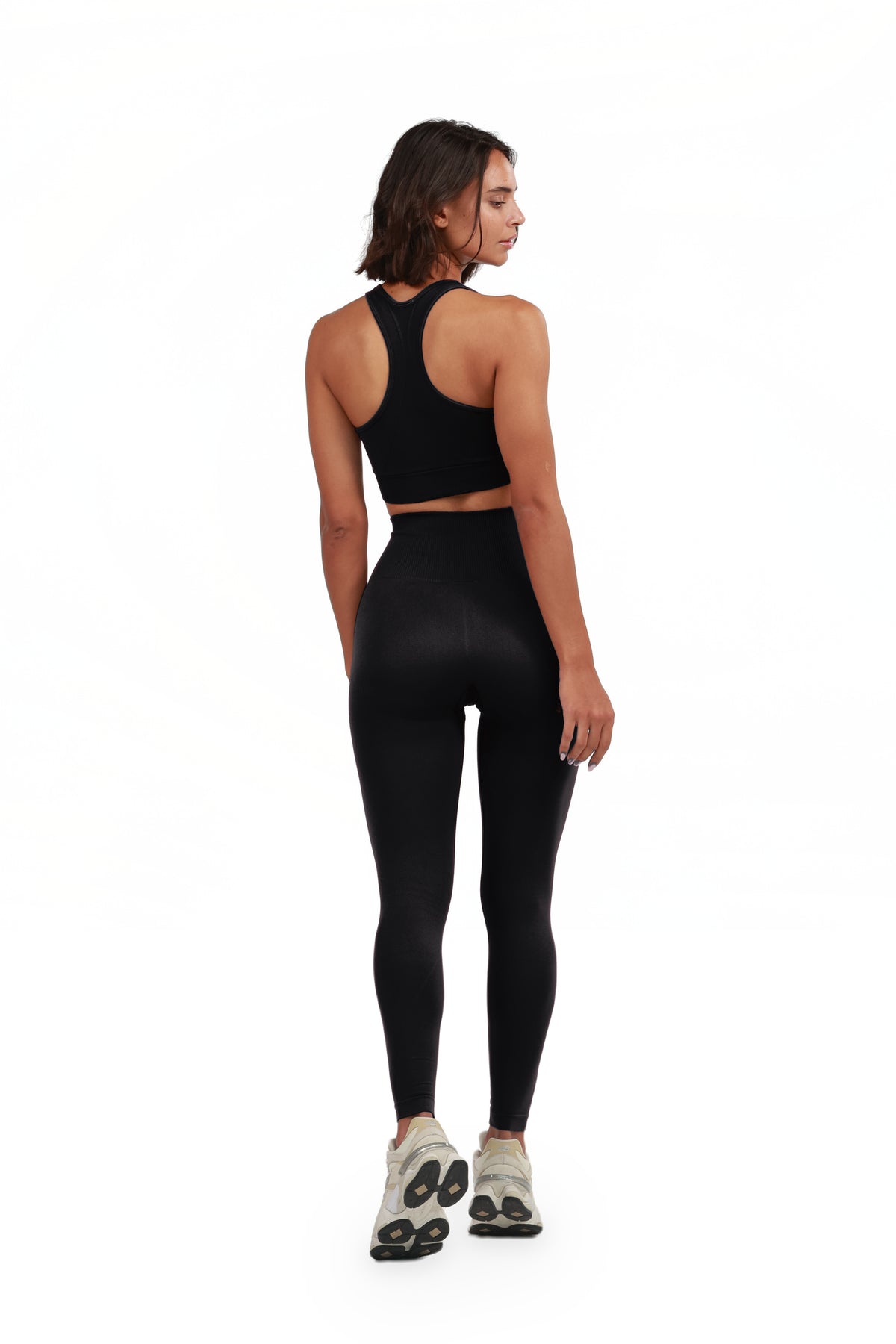 Yoga Flex Sports Bra Set in Black, full-length back view showing the racerback, Ascendia
