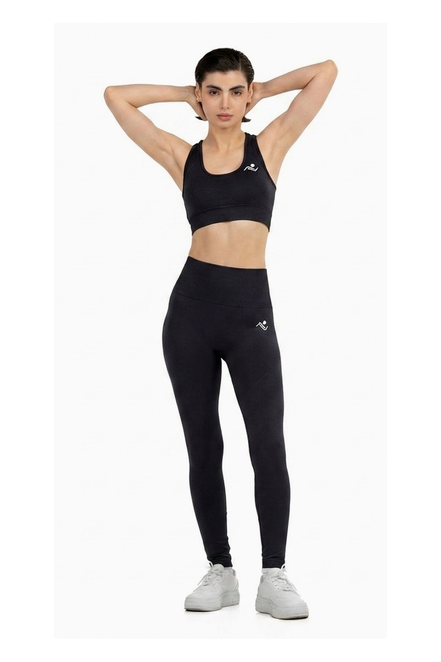 Yoga Flex Sports Bra Set in Black, full-length front view with arms raised behind the head, Ascendia