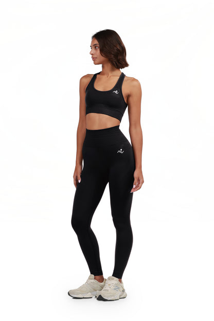 Yoga Flex Sports Bra Set in Black, three-quarter view with the head turned, Ascendia