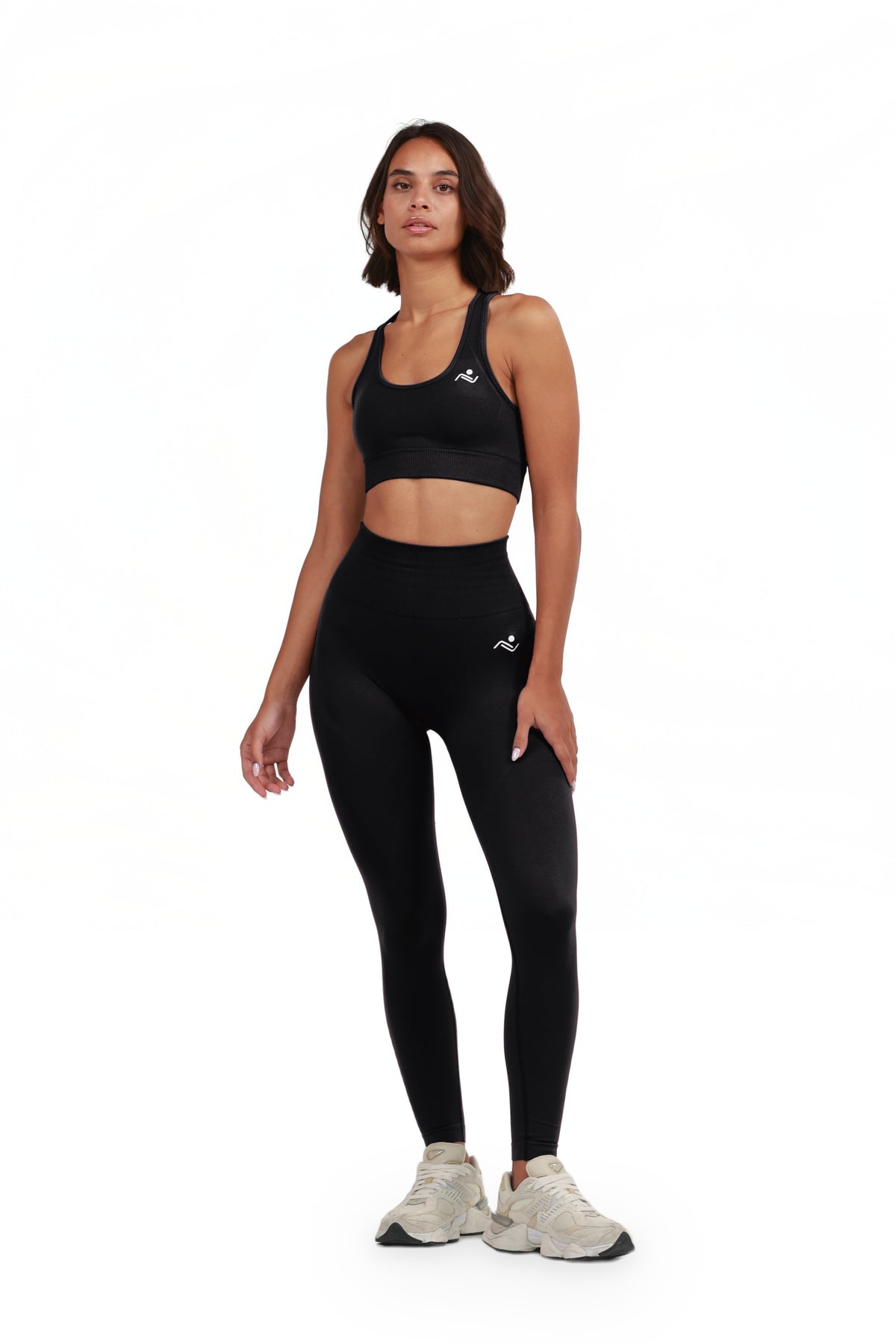 Yoga Flex Sports Bra Set in Black, three-quarter front view, Ascendia