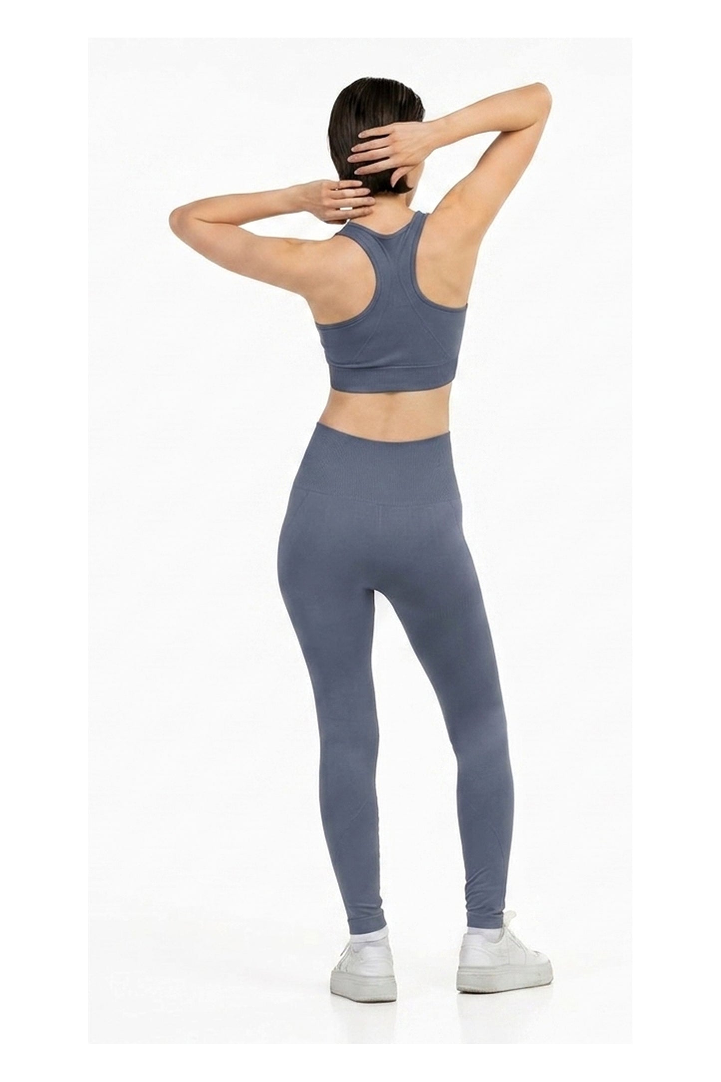 Yoga Flex Sports Bra Set in Slate Blue, full-length back view showing the racerback, Ascendia