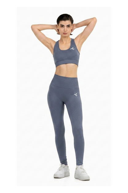Yoga Flex Sports Bra Set in Slate Blue, full-length front view with arms raised behind the head, Ascendia