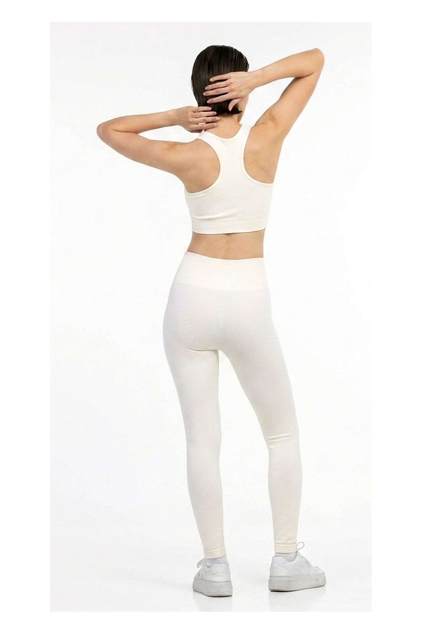 Yoga Flex Sports Bra Set in White, full-length back view showing the racerback, Ascendia