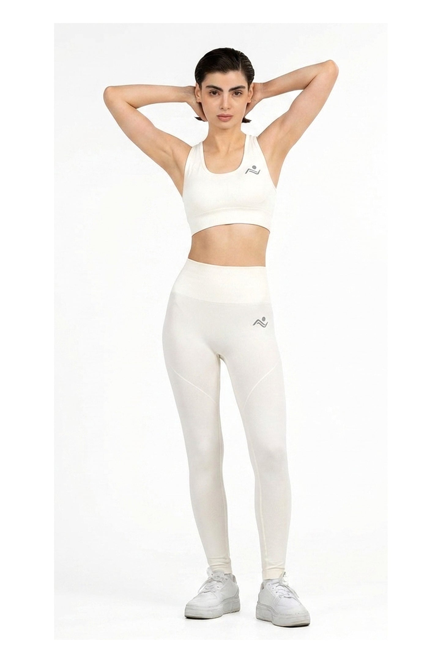 Yoga Flex Sports Bra Set in White, full-length front view with arms raised behind the head, Ascendia