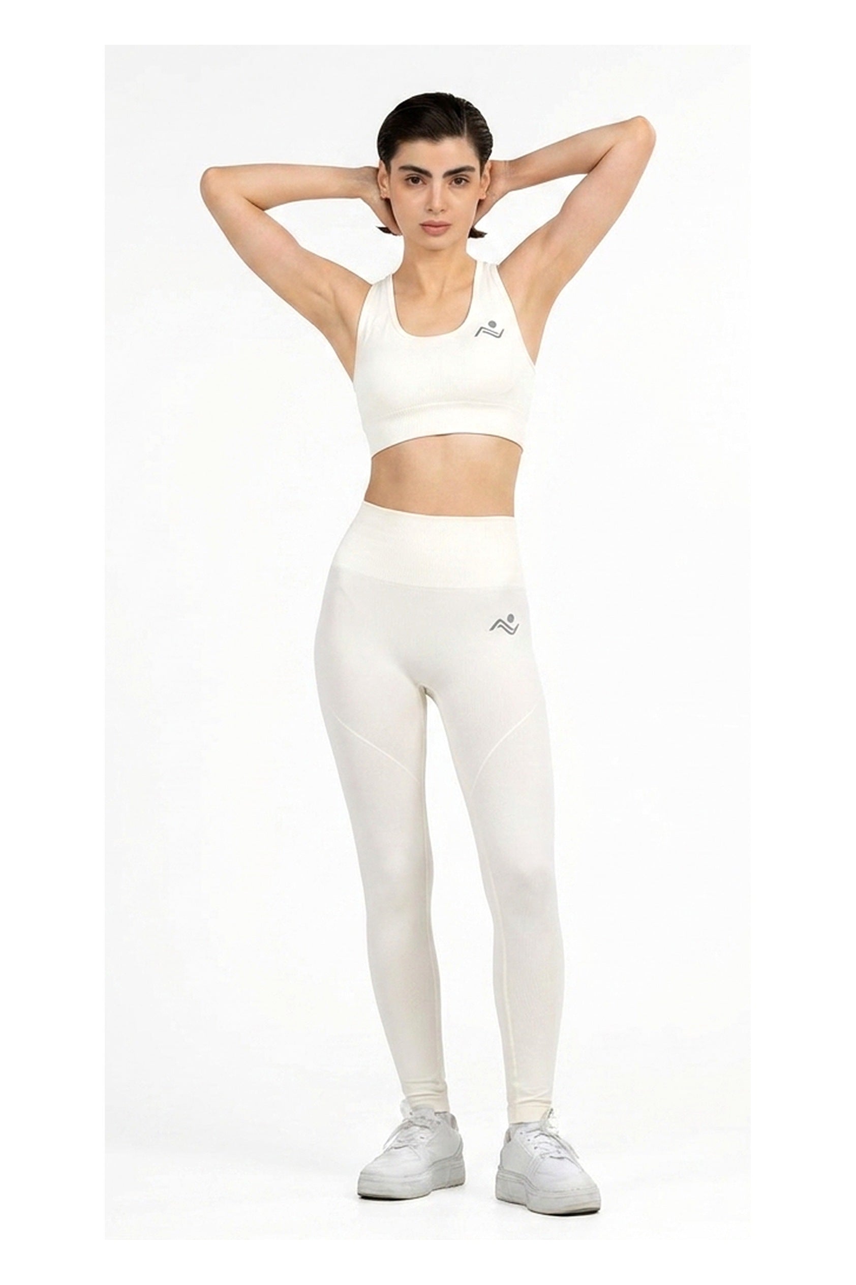 Yoga Flex Sports Bra Set in White, full-length front view with arms raised behind the head, Ascendia