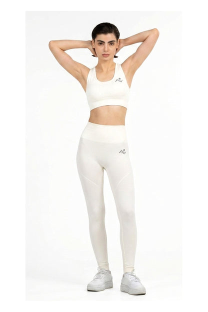 Yoga Flex Sports Bra Set in White, full-length front view with arms raised behind the head, Ascendia