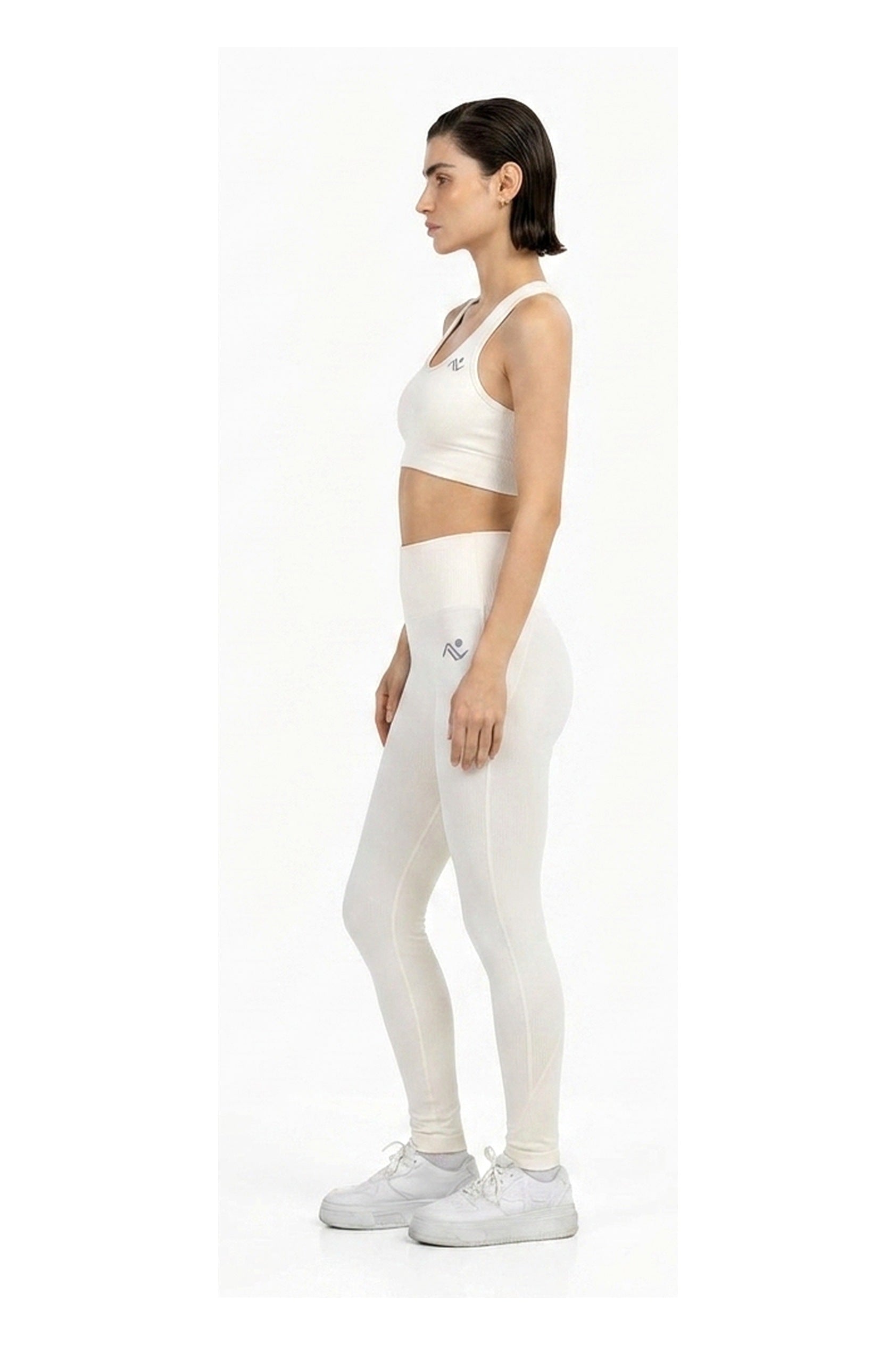 Yoga Flex Sports Bra Set in White, full-length side view, Ascendia