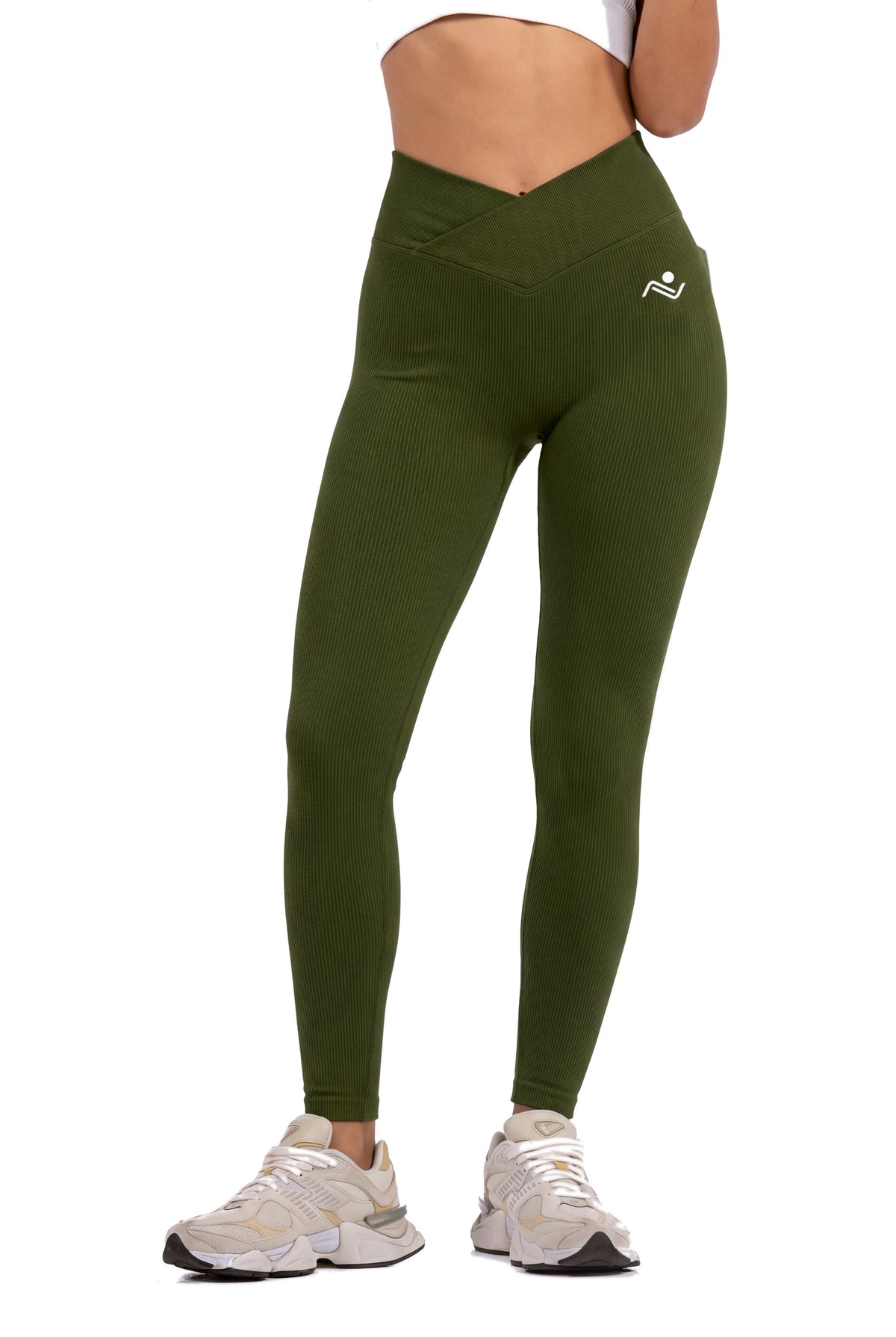 Crossed Waist Leggings in Olive, three-quarter front view on model in the studio, Ascendia