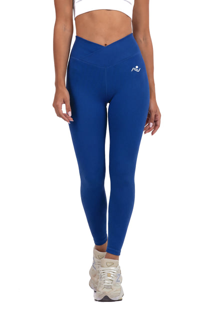 Crossed Waist Leggings in Royal Blue, full-length front view on model, Ascendia