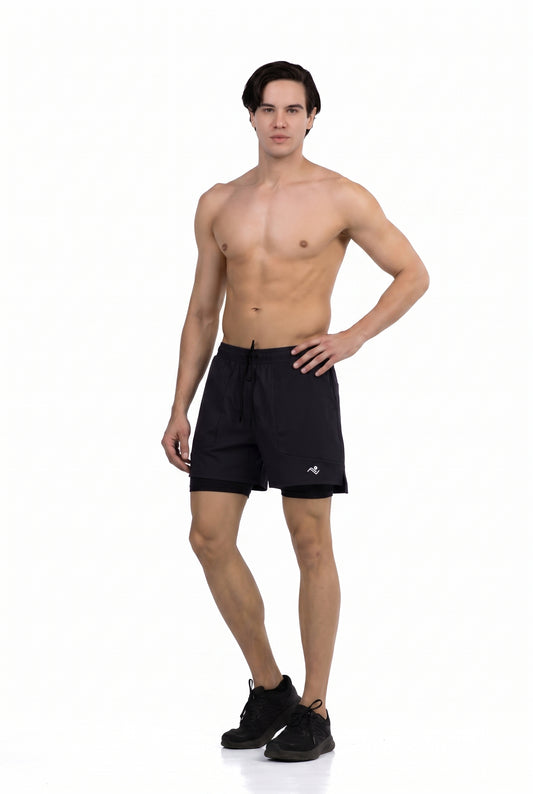 Side Pocket Loose Fit Shorts in Black, front view on model, Ascendia