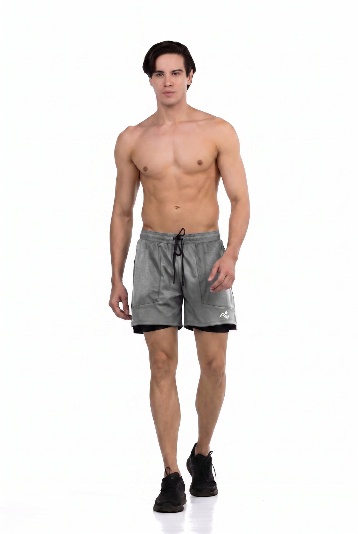 Side Pocket Loose Fit Shorts in Dark Grey, front view on model, Ascendia
